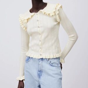 ZARA Cream Ecru Ruffled Cardigan Sweater Sz M